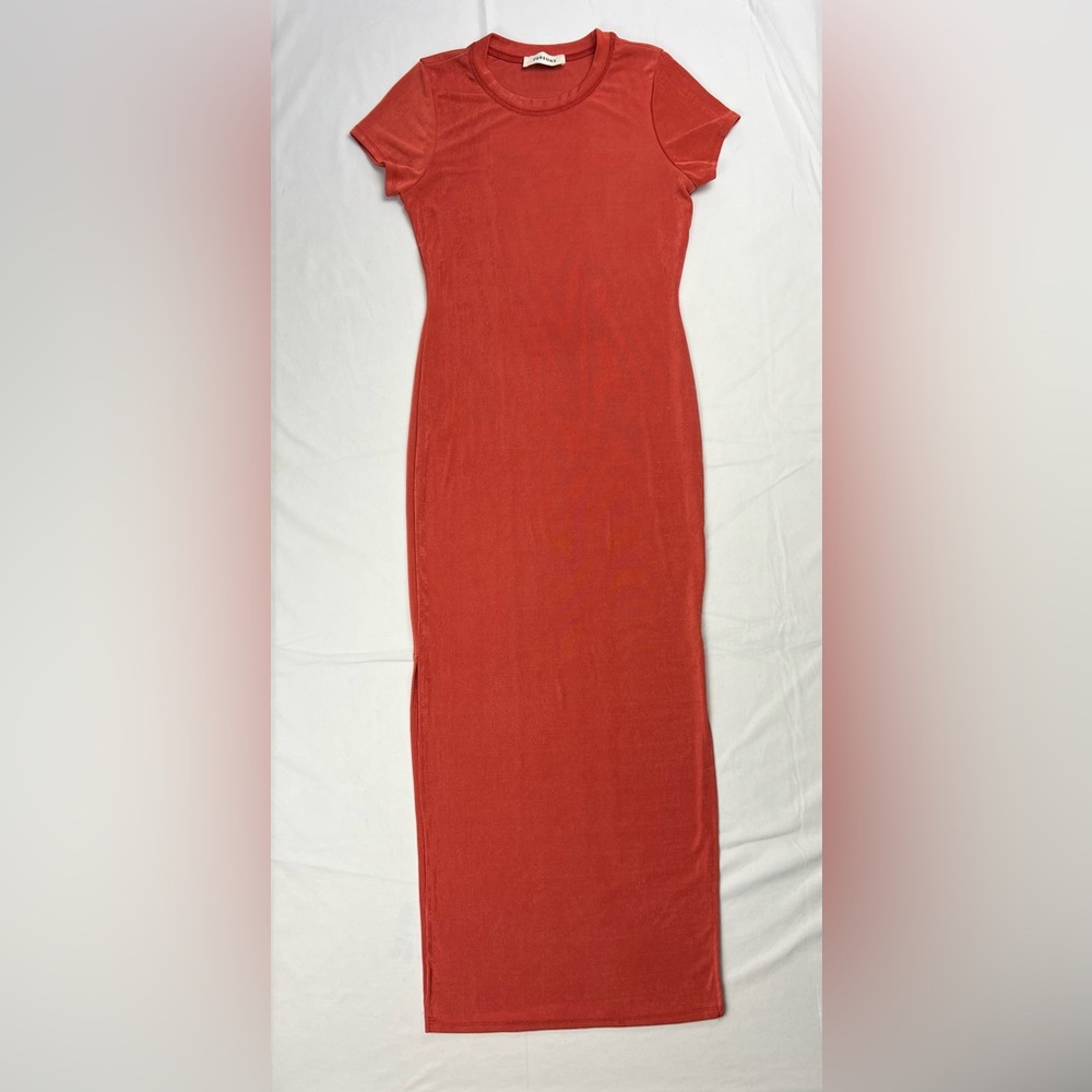Persons Stretchy Knit Maxi Dress Small Short Sleeve Crew Neck Bodycon Slit Silky